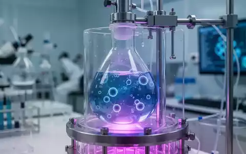 Nahaufnahme eines Bioreaktors oder Zellkulturkolbens mit leuchtender Flüssigkeit in einem sterilen Laborumfeld, symbolisiert Zelltherapie. - Foto: über boerse-global.de