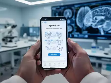 Eine Nahaufnahme eines Smartphones, das einen Gedächtnistest anzeigt, in Händen gehalten, mit verschwommenem medizinischem Hintergrund. - Foto: über boerse-global.de