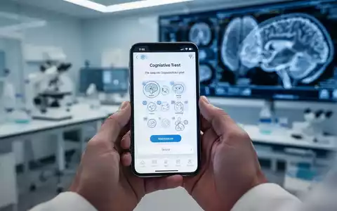 Eine Nahaufnahme eines Smartphones, das einen Gedächtnistest anzeigt, in Händen gehalten, mit verschwommenem medizinischem Hintergrund. - Foto: über boerse-global.de