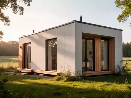 Ein modernes, minimalistisches Tiny House mit klaren Linien, eingebettet in eine grüne Landschaft bei Gardelegen. - Foto: über boerse-global.de