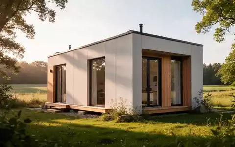 Ein modernes, minimalistisches Tiny House mit klaren Linien, eingebettet in eine grüne Landschaft bei Gardelegen. - Foto: über boerse-global.de