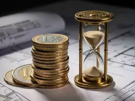Nahaufnahme von deutschen Euro-Münzen neben einer Sanduhr, mit unscharfen Dokumenten im Hintergrund, symbolisiert finanzielle Reformen. - Foto: über boerse-global.de