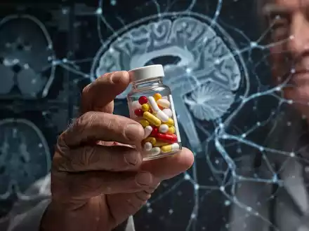 Eine Nahaufnahme der Hand einer älteren Person, die ein Pillenfläschchen hält, mit unscharfen Gehirnscans im Hintergrund. - Foto: über boerse-global.de