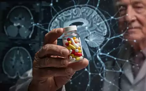Eine Nahaufnahme der Hand einer älteren Person, die ein Pillenfläschchen hält, mit unscharfen Gehirnscans im Hintergrund. - Foto: über boerse-global.de