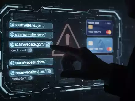A hand interacting with a digital interface showing scam website links and credit card icons, symbolizing AI-driven fraud. - Foto: über boerse-global.de