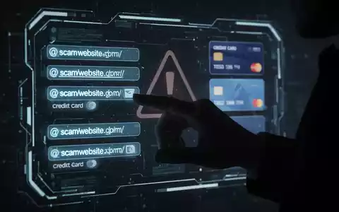 A hand interacting with a digital interface showing scam website links and credit card icons, symbolizing AI-driven fraud. - Foto: über boerse-global.de