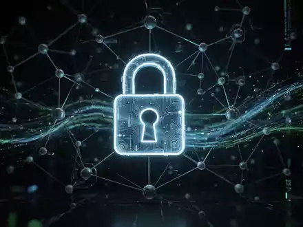 Ein stilisiertes, leuchtendes Vorhängeschloss-Symbol über einem digitalen Netzwerk mit Datenströmen, das den Schutz digitaler Identität darstellt. - Foto: über boerse-global.de