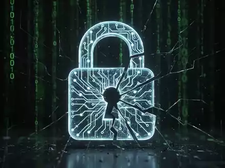 A glowing, cracked digital padlock with a neural network pattern, symbolizing an AI security breach and compromised data. - Foto: über boerse-global.de