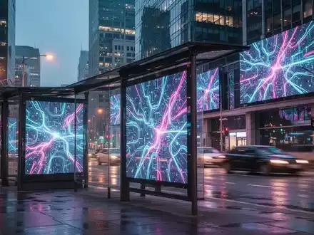 Moderne Stadtstraße bei Dämmerung mit großen digitalen Werbebildschirmen an Bushaltestellen und Gebäudefassaden. - Foto: über boerse-global.de