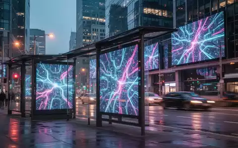 Moderne Stadtstraße bei Dämmerung mit großen digitalen Werbebildschirmen an Bushaltestellen und Gebäudefassaden. - Foto: über boerse-global.de