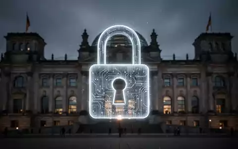 Ein stilisiertes, leuchtendes digitales Vorhängeschloss über einer unscharfen Darstellung des deutschen Bundestagsgebäudes in Berlin. - Foto: über boerse-global.de