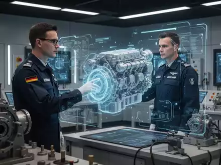 Ein deutscher Marine-Techniker in Uniform, der mit einer holographischen Projektion eines Motors in einem modernen Trainingsraum interagiert. - Foto: über boerse-global.de
