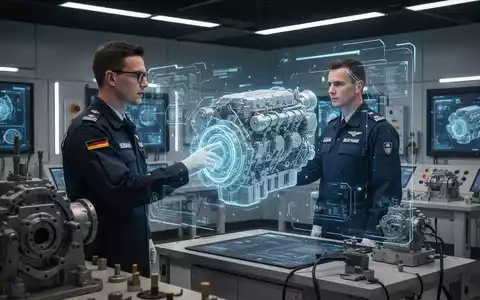 Ein deutscher Marine-Techniker in Uniform, der mit einer holographischen Projektion eines Motors in einem modernen Trainingsraum interagiert. - Foto: über boerse-global.de