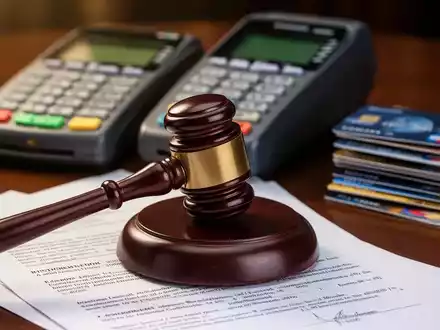 A judge's gavel rests on legal documents, with a blurred credit card terminal and credit cards in the background. - Foto: über boerse-global.de