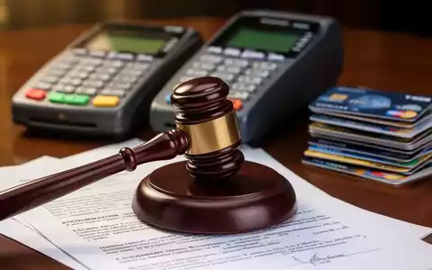 A judge's gavel rests on legal documents, with a blurred credit card terminal and credit cards in the background. - Foto: über boerse-global.de