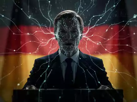 A shadowy silhouette of a politician speaking at a podium, with subtle glowing AI network lines integrated into the image. - Foto: über boerse-global.de
