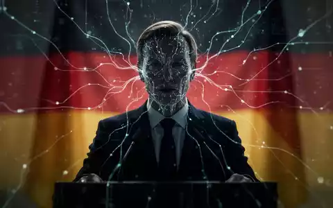A shadowy silhouette of a politician speaking at a podium, with subtle glowing AI network lines integrated into the image. - Foto: über boerse-global.de