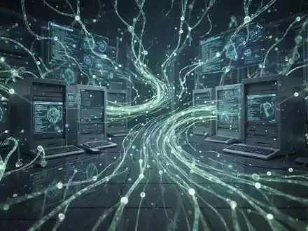 Ein futuristisches, leuchtendes neuronales Netz überlagert alte Computersysteme und symbolisiert Transformation und Modernisierung. - Foto: über boerse-global.de