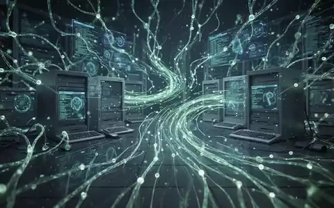 Ein futuristisches, leuchtendes neuronales Netz überlagert alte Computersysteme und symbolisiert Transformation und Modernisierung. - Foto: über boerse-global.de