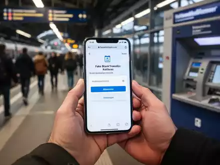 A hand holding a smartphone showing a fake bank transfer confirmation, with a blurred train station and ATM in the background. - Foto: über boerse-global.de