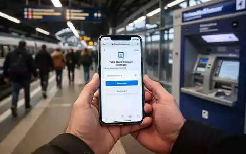 A hand holding a smartphone showing a fake bank transfer confirmation, with a blurred train station and ATM in the background. - Foto: über boerse-global.de