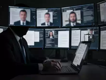A shadowy figure typing on a laptop, with blurred legal documents and faces on multiple screens, symbolizing digital fraud. - Foto: über boerse-global.de