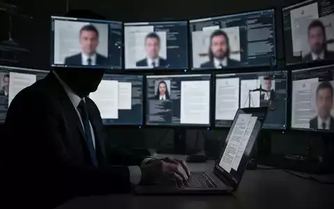 A shadowy figure typing on a laptop, with blurred legal documents and faces on multiple screens, symbolizing digital fraud. - Foto: über boerse-global.de