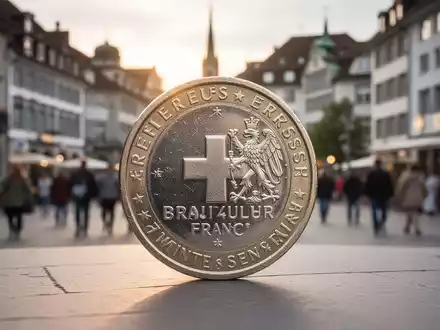 Nahaufnahme einer Schweizer Franken-Münze vor dem unscharfen Hintergrund einer geschäftigen Schweizer Stadt. - Foto: über boerse-global.de