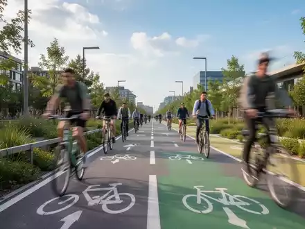 Ein breiter, moderner Radweg schlängelt sich durch eine grüne Stadtlandschaft mit verschwommenen Pendlern im Hintergrund. - Foto: über boerse-global.de