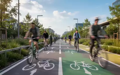 Ein breiter, moderner Radweg schlängelt sich durch eine grüne Stadtlandschaft mit verschwommenen Pendlern im Hintergrund. - Foto: über boerse-global.de