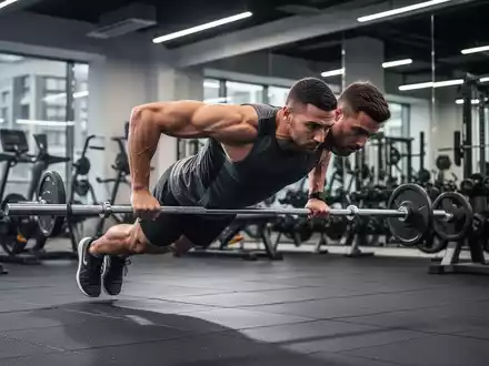 Ein Athlet in dynamischer Bewegung beim Burpee-Test in einem modernen Fitnessstudio, der Kraftausdauer und Stabilität demonstriert. - Foto: über boerse-global.de