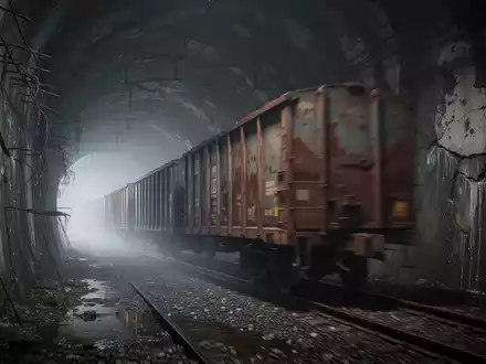 Ein Güterzug fährt durch einen dunklen, verfallenen Tunnel, dessen Wände Risse und freiliegenden Stahl aufweisen. - Foto: über boerse-global.de