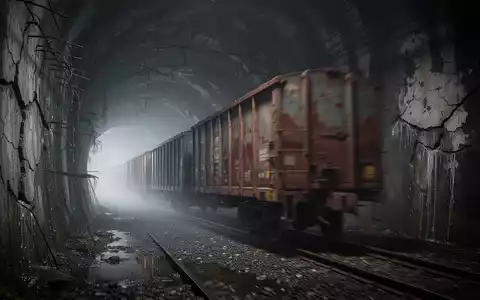 Ein Güterzug fährt durch einen dunklen, verfallenen Tunnel, dessen Wände Risse und freiliegenden Stahl aufweisen. - Foto: über boerse-global.de