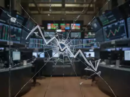 Ein zerbrochenes Glas mit einer eingeĂ€tzten AbwĂ€rtstrendlinie, vor dem unscharfen Hintergrund eines Börsenparketts. - Foto: ĂŒber boerse-global.de