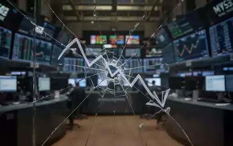 Ein zerbrochenes Glas mit einer eingeätzten Abwärtstrendlinie, vor dem unscharfen Hintergrund eines Börsenparketts. - Foto: über boerse-global.de