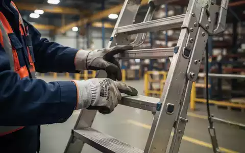 Nahaufnahme der Hände eines Inspektors, der die Sprossen einer industriellen Leiter prüft, im Hintergrund eine Fabrikhalle. - Foto: über boerse-global.de