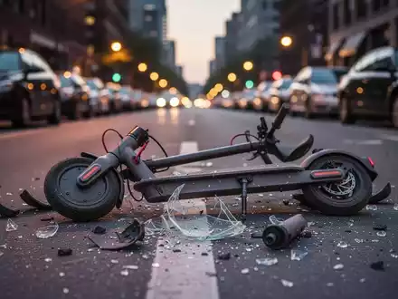 Ein verunglückter E-Scooter liegt auf einer Stadtstraße im Abendlicht, mit verstreuten Bruchstücken. Im Hintergrund sind geparkte Autos zu sehen. - Foto: über boerse-global.de
