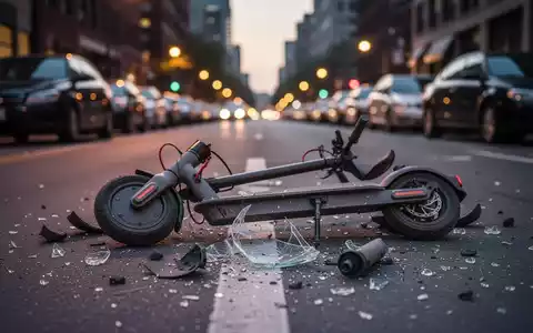 Ein verunglückter E-Scooter liegt auf einer Stadtstraße im Abendlicht, mit verstreuten Bruchstücken. Im Hintergrund sind geparkte Autos zu sehen. - Foto: über boerse-global.de