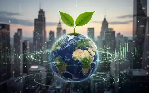 Ein stilisierter Globus mit einem grünen Blatt, umgeben von digitalen Datenströmen, die nachhaltige Wirtschaft symbolisieren. - Foto: über boerse-global.de