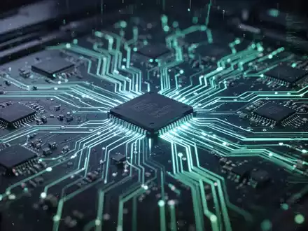 A glowing, futuristic circuit board with intricate pathways and microchips, radiating blue and green light, depicting technology delays. - Foto: über boerse-global.de