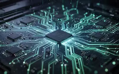 A glowing, futuristic circuit board with intricate pathways and microchips, radiating blue and green light, depicting technology delays. - Foto: über boerse-global.de