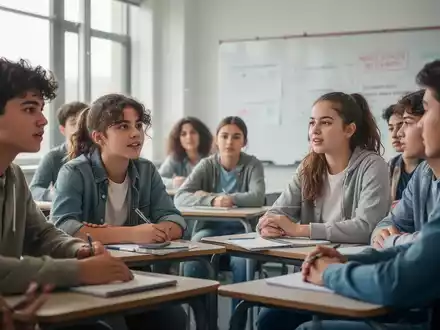 Jugendliche sitzen in einem modernen Klassenzimmer und diskutieren über mentale Gesundheit, mit weichem, natürlichem Licht. - Foto: über boerse-global.de