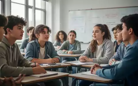 Jugendliche sitzen in einem modernen Klassenzimmer und diskutieren über mentale Gesundheit, mit weichem, natürlichem Licht. - Foto: über boerse-global.de