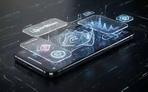 A sleek smartphone displaying a futuristic user interface with translucent elements and glowing icons, representing new iOS features. - Foto: über boerse-global.de