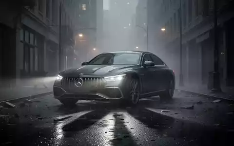Ein elegantes, modernes deutsches Luxusauto, teilweise verdeckt von Regen und Nebel, parkt nachts auf einer leeren, dunklen Straße. - Foto: über boerse-global.de