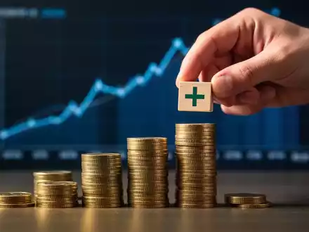 Eine Hand platziert einen Block mit einem Pluszeichen auf einem Stapel von Finanzblöcken und Münzen, mit einem unscharfen Diagramm im Hintergrund. - Foto: über boerse-global.de