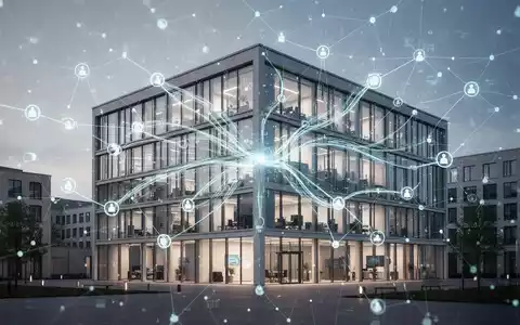 Eine digitale Netzwerkkarte über einem modernen Finanzgebäude, die effiziente digitale Meldeprozesse und Datenaustausch symbolisiert. - Foto: über boerse-global.de
