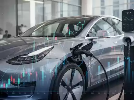 Ein modernes Elektroauto wird an einer Ladestation aufgeladen, mit angedeuteten Finanzgrafiken im Hintergrund, die Besteuerung symbolisieren. - Foto: über boerse-global.de