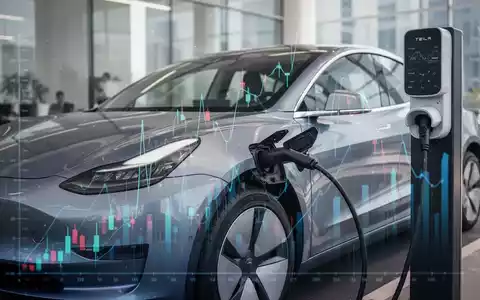 Ein modernes Elektroauto wird an einer Ladestation aufgeladen, mit angedeuteten Finanzgrafiken im Hintergrund, die Besteuerung symbolisieren. - Foto: über boerse-global.de