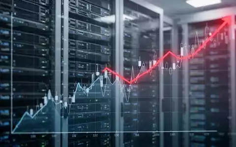 Eine stilisierte, nach unten zeigende Börsenkurslinie über einem verschwommenen Hintergrund von Datenservern. - Foto: über boerse-global.de